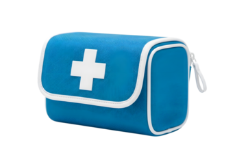 Blue first aid kit bag with white cross isolated on transparent background