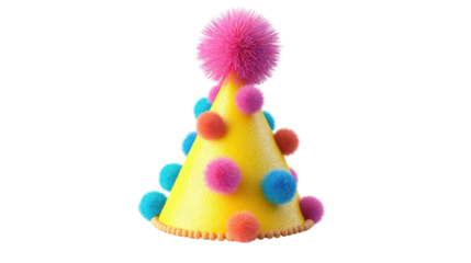 Yellow Party Hat with Pom Poms Colorful Celebration isolated on a Transparent or white Background