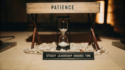 Sign for patience with hourglass and smooth stones as decor items
