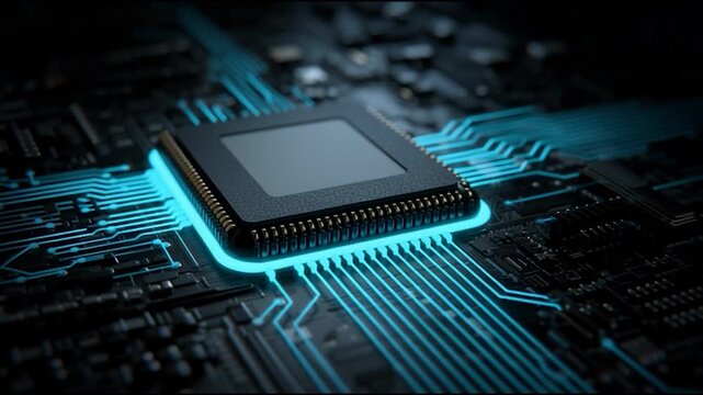 A close-up view of a microchip surrounded by intricate circuit patterns featuring glowing blue lines.