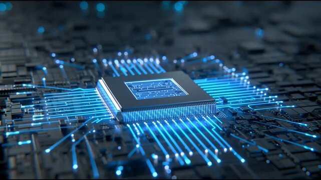 A close-up view of a modern microprocessor with glowing blue circuitry, emphasizing technology and innovation.