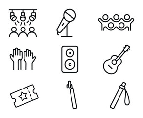 Concert Icon Set. Outline icon set of concert audiences: stage lights, microphone, crowd wave, raised hands,