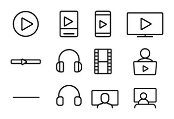 Streaming Icons Grid. Outline icon set of streaming platforms: play button, video library, mobile phone