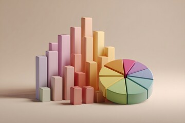 Fototapeta premium 3d render of colorful pie chart and bar graph representing market analysis, business and finance concepts