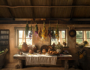 Rustic Still Life with Hanging Dried Herbs and Ceramic Pots on Wooden Table