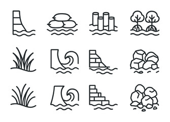 Coastal Protection Icons. Outline icon set of coastal protection elements: seawall, sandbags, breakwater,