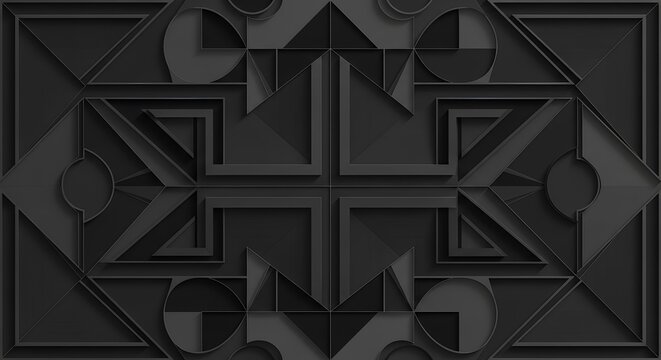 Abstract geometric black background wallpaper composition featuring squares, triangles, and circles in shades of black and gray, arranged symmetrically.