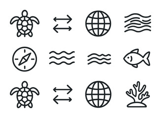 Sea Turtle Icon Set. Outline icon set of sea turtle migration: sea turtle, arrows, globe, ocean current lines,