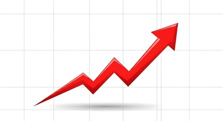 Red upward trending arrow graph isolated on white background