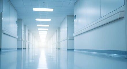 Obraz premium A long, empty hospital corridor with bright fluorescent lights and a shiny, reflective floor leading to a bright light at the end.
