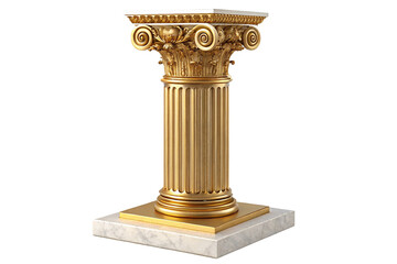 Ancient Greek architectural column with intricate design in golden color on a marble pedestal base
