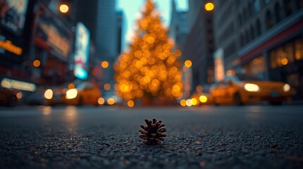 Pine cone on asphalt street with blurred glowing Christmas tree and yellow taxis in urban city background, holiday season atmosphere combining nature, celebration and modern metropolitan life