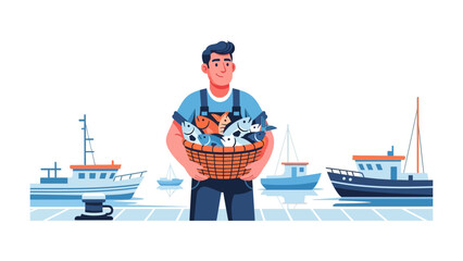 The Fisherman's Bounty: A cheerful fisherman stands proud, showcasing a full basket of freshly caught seafood, surrounded by fishing boats at the harbor, against a pristine sky.