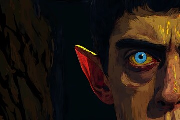 Artistic close-up of a fantasy elf with strong shadows, one side hidden, suggesting secrets and magical origin.