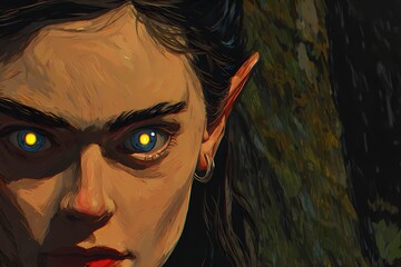 Artistic close-up of a fantasy elf with strong shadows, one side hidden, suggesting secrets and magical origin.