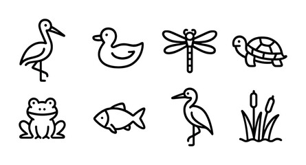 Wetland Wildlife Icons. Outline icon set of wetland wildlife: stork, duck, dragonfly, turtle, frog, fish,