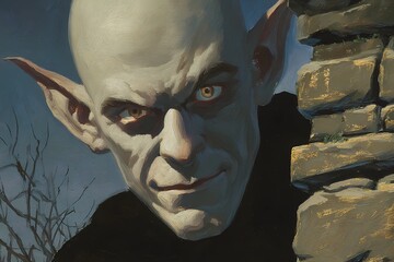 Artistic close-up of a fantasy elf with strong shadows, one side hidden, suggesting secrets and magical origin.