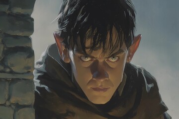 Artistic close-up of a fantasy elf with strong shadows, one side hidden, suggesting secrets and magical origin.