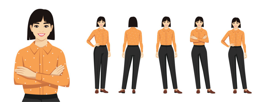 Set of young beautiful business woman with short hairstyle standing in different poses various angles. Isolated flat vector illustration.