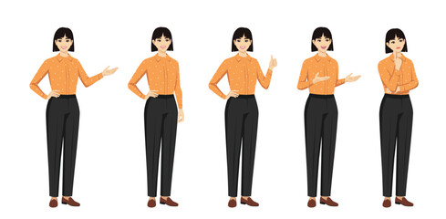 Fototapeta na wymiar Business young woman with shirt hairstyle standing in half-turn pose with various gestures. Isolated vector illustrations set.