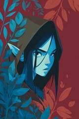 Artistic close-up of a fantasy elf with strong shadows, one side hidden, suggesting secrets and magical origin.