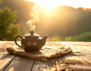 Steaming Ceramic Teapot with Handwoven Linen on Rustic Wooden Table
