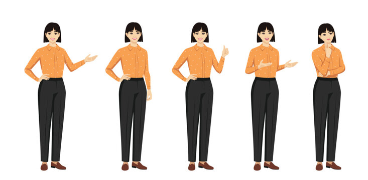 Business young woman with shirt hairstyle standing in half-turn pose with various gestures. Isolated vector illustrations set.