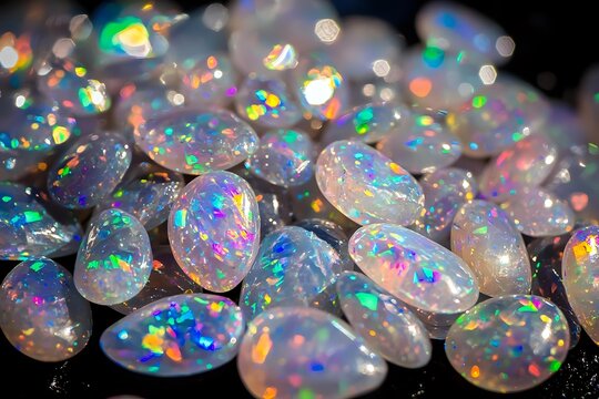 Luminous Ethiopian opals displaying vibrant play-of-color with rainbow iridescence against dark background, macro photography shows natural stone formation patterns.