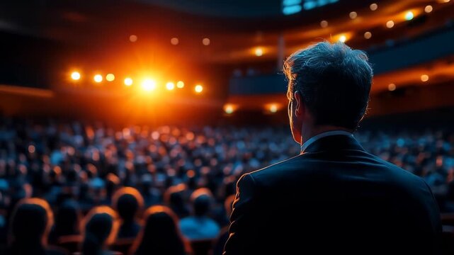 A speaker addressing a large audience in a dimly lit auditorium with warm stage lights