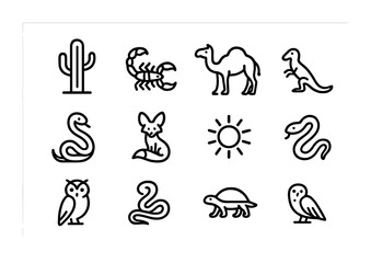 Naklejka premium Desert Biodiversity Icons. Outline icon set of desert biodiversity: cactus, scorpion, camel, lizard, snake,