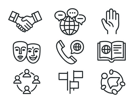 Multicultural Communication Icons. Outline icon set of multicultural communication: handshake with flags,