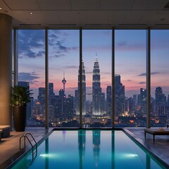 Naklejka premium An indoor swimming pool overlooking the city skyline at dusk. The most prominent feature is the Petronas Towers in Kuala Lumpur, Malaysia.