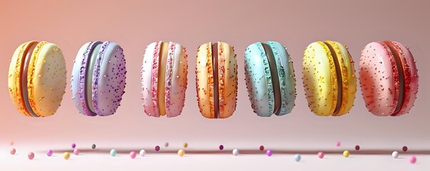 Colorful French macarons in pastel and bright colors floating in a row against pink background with sprinkles underneath, sweet dessert photography.