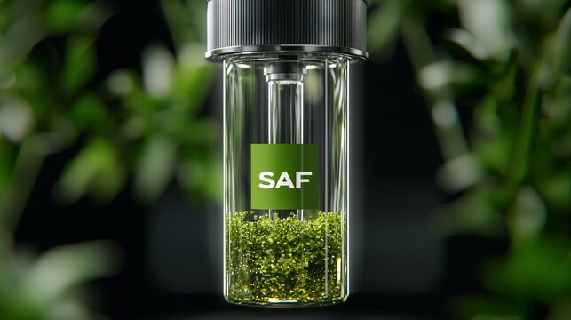 Close up macro of SAF biofuel flowing through transparent pipeline with green label.