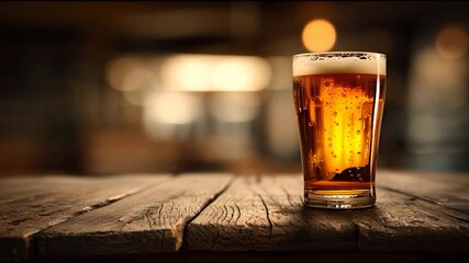 A glass of amber beer sits on a rustic wooden table, with soft bokeh lighting in the background creating a warm atmosphere.