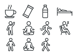 Fototapeta premium Energy Management Icons. Outline icon set of Energy management: coffee cup, snack, water bottle, rest,