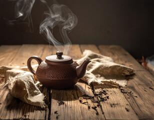 Steaming Ceramic Teapot with Handwoven Linen on Rustic Wooden Table
