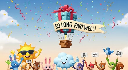 Farewell Celebration with Gift Hot Air Balloon and Characters