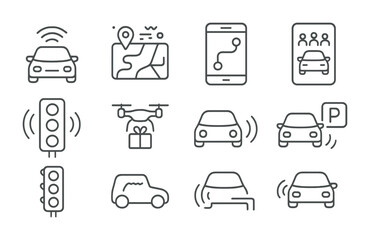 AI Transportation Icons. Outline icon set of AI in transportation: self-driving car, traffic prediction, route
