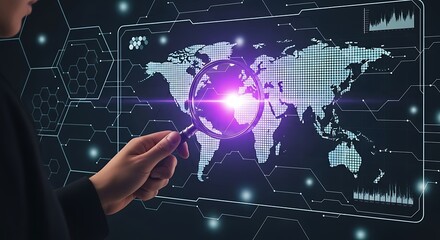 Magnifying glass over world map with futuristic digital interface