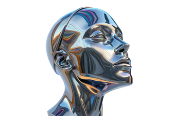 Futuristic metallic sculpture of a human head in chrome reflecting light and colors in abstract design