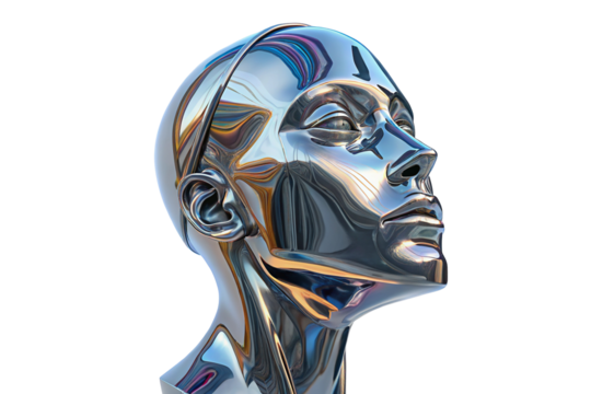 Futuristic metallic sculpture of a human head in chrome reflecting light and colors in abstract design