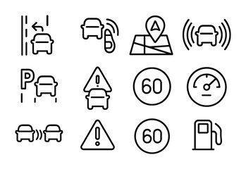 Driving Assistance Icons. Outline icon set of Driving assistance features: lane departure warning, blind spot