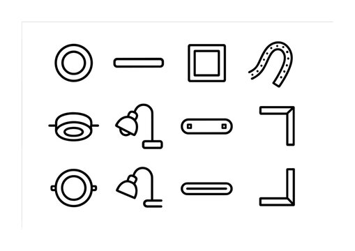 Light Fixture Icons. Outline icon set of Light fixtures design: round puck, slim linear bar, square panel,