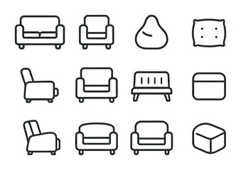 Movie Night Seating Icons. Outline icon set of Movie night seating: sofa, armchair, bean bag, floor cushion,