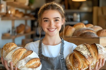 Young Caucasian female baker in denim apron holding fresh artisan sourdough bread loaves in bakery with rustic wooden shelves and baked goods in background.