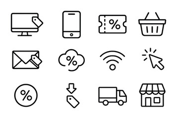 Cyber Monday Icons. Outline icon set of Cyber Monday sale: computer tag, smartphone icon, digital coupon,