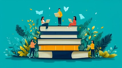 Colorful illustration of people reading and studying on large books with vibrant foliage background - Powered by Adobe