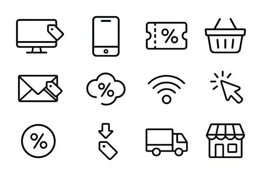 Cyber Monday Icons. Outline icon set of Cyber Monday sale: computer tag, smartphone icon, digital coupon,