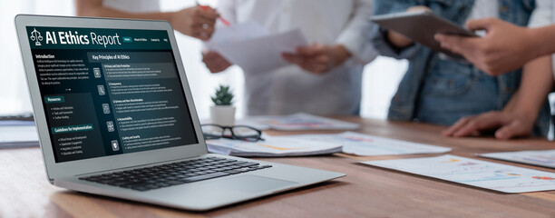 AI ethics responsibility standard law and rules on computer screen provide report of AI ethic...